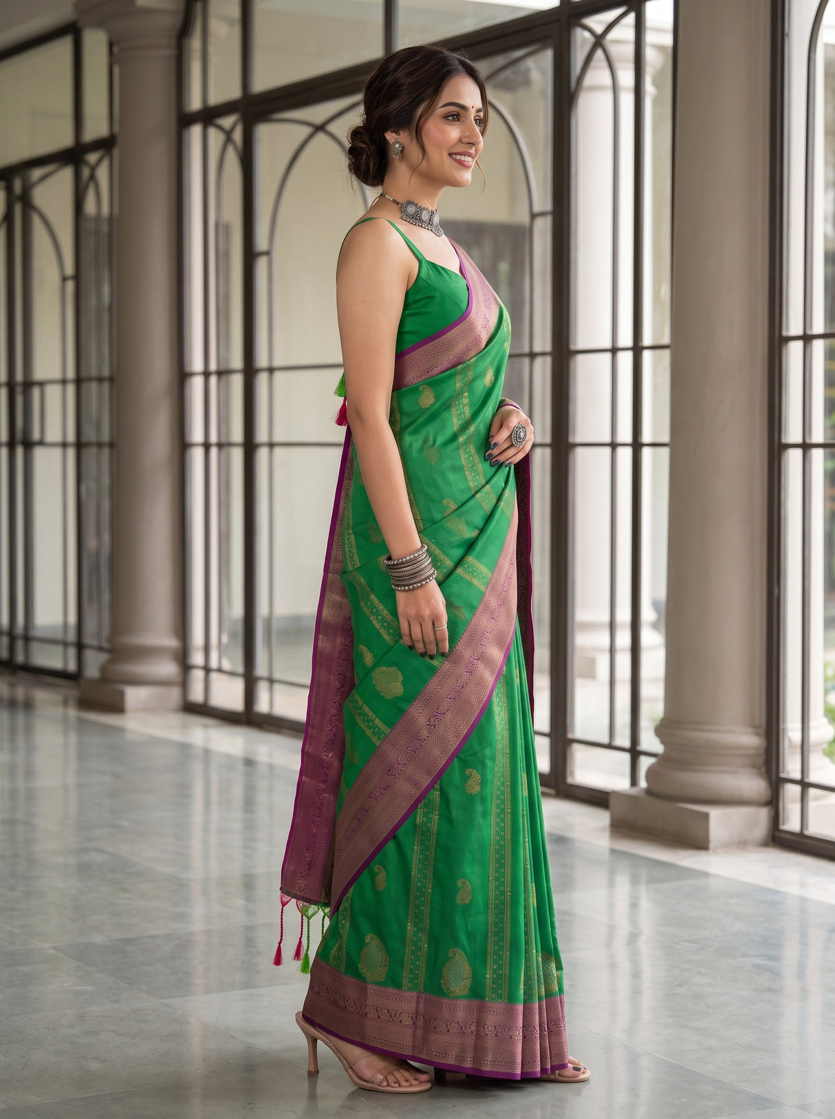 MIMOSA Green Kanjivaram Art Silk Saree — pose 3 styling detail
