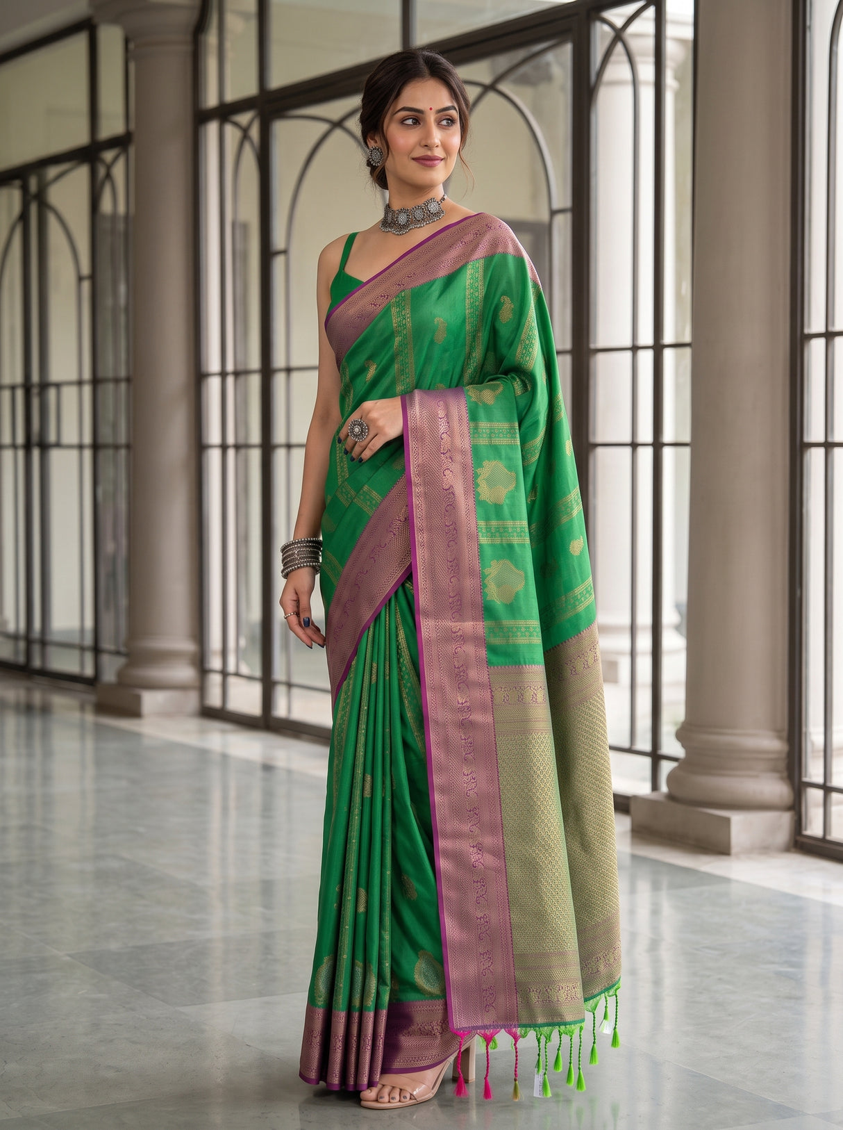 MIMOSA Green Kanjivaram Art Silk Saree — pose 5 styling detail