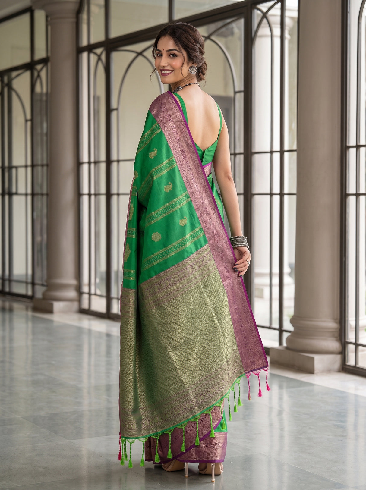 MIMOSA Green Kanjivaram Art Silk Saree — pose 7 styling detail