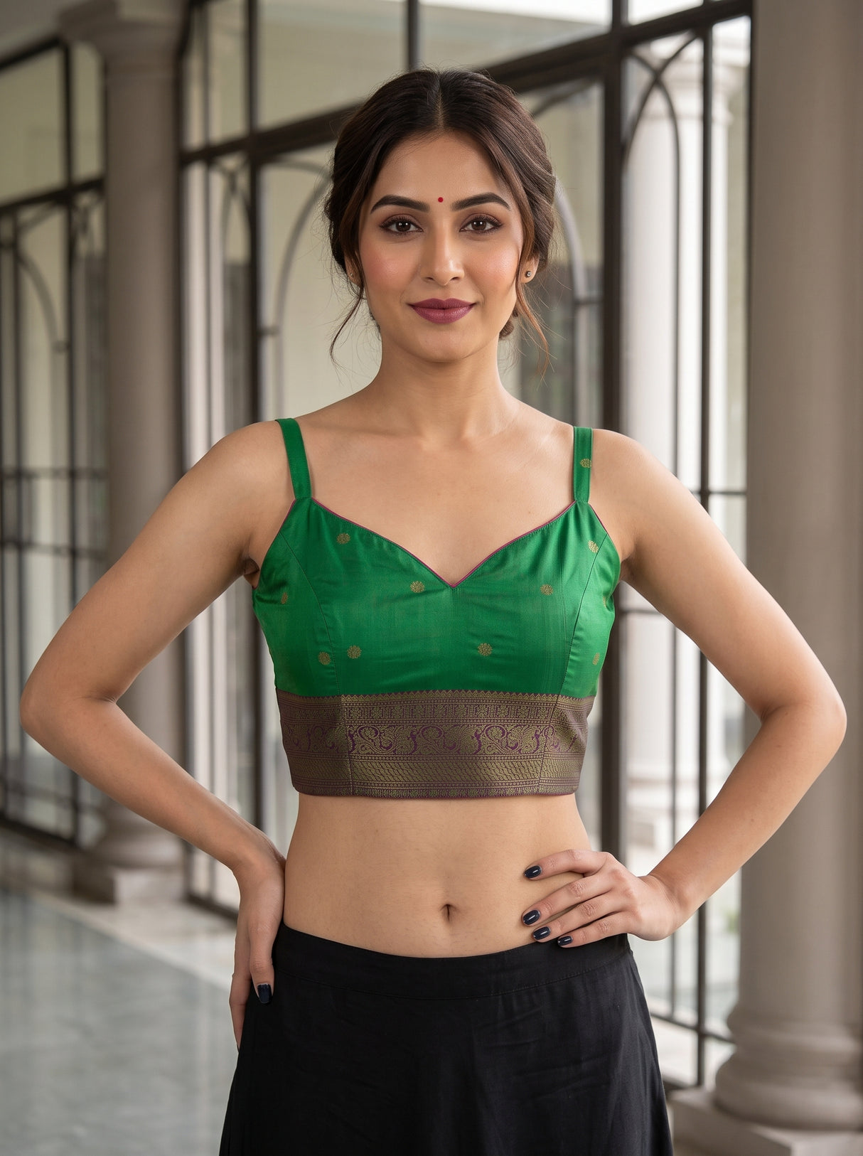 MIMOSA Green Kanjivaram Art Silk Saree — blouse close-up