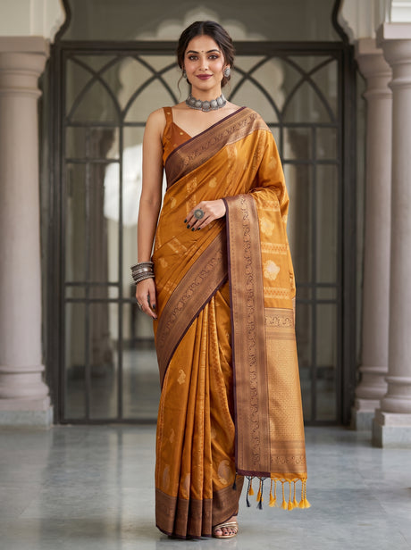 MIMOSA Mustard Kanjivaram Art Silk Saree — Model Lifestyle Pose