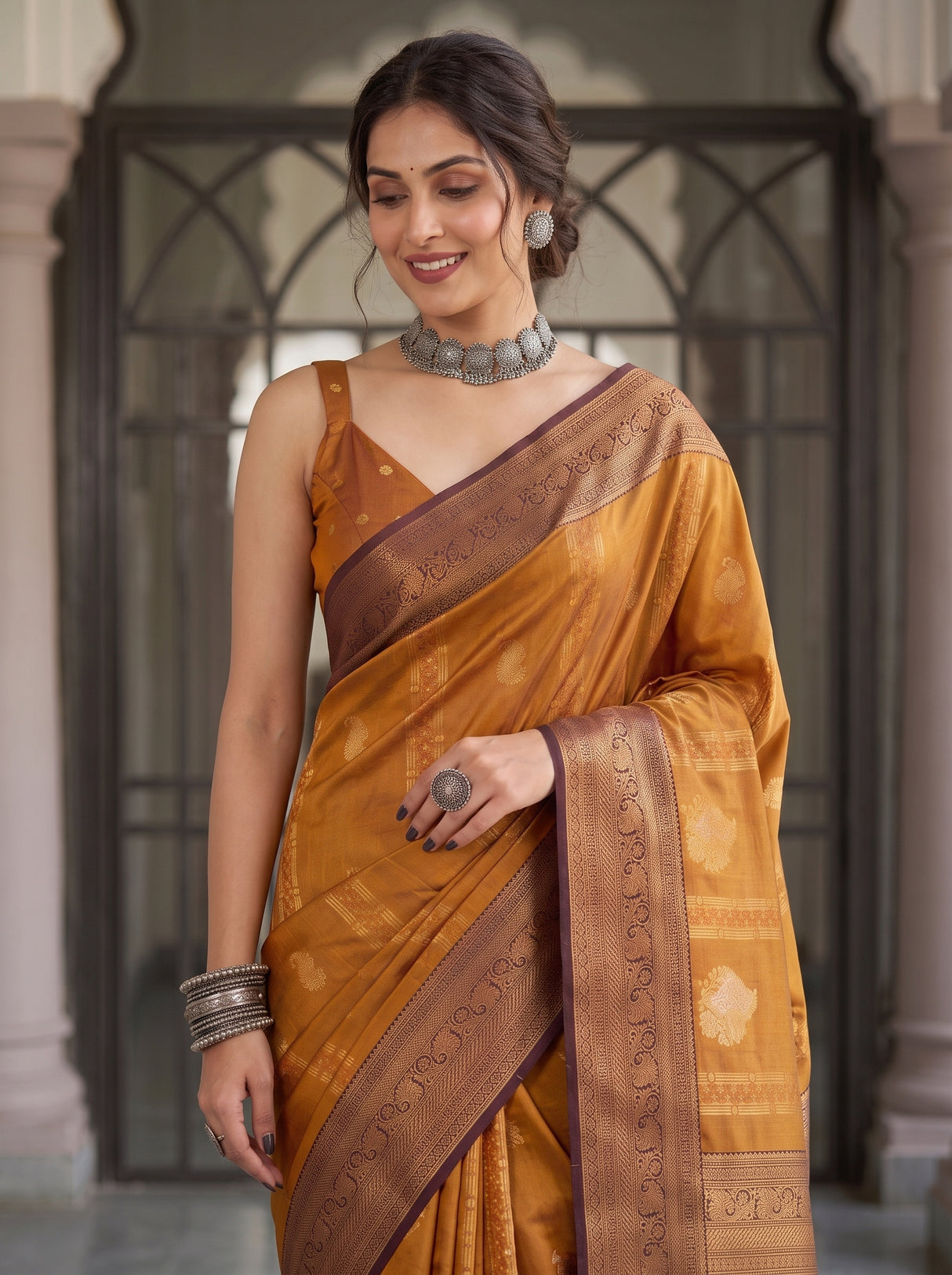 MIMOSA Mustard Kanjivaram Art Silk Saree — Close-up of Saree Hem and Feet