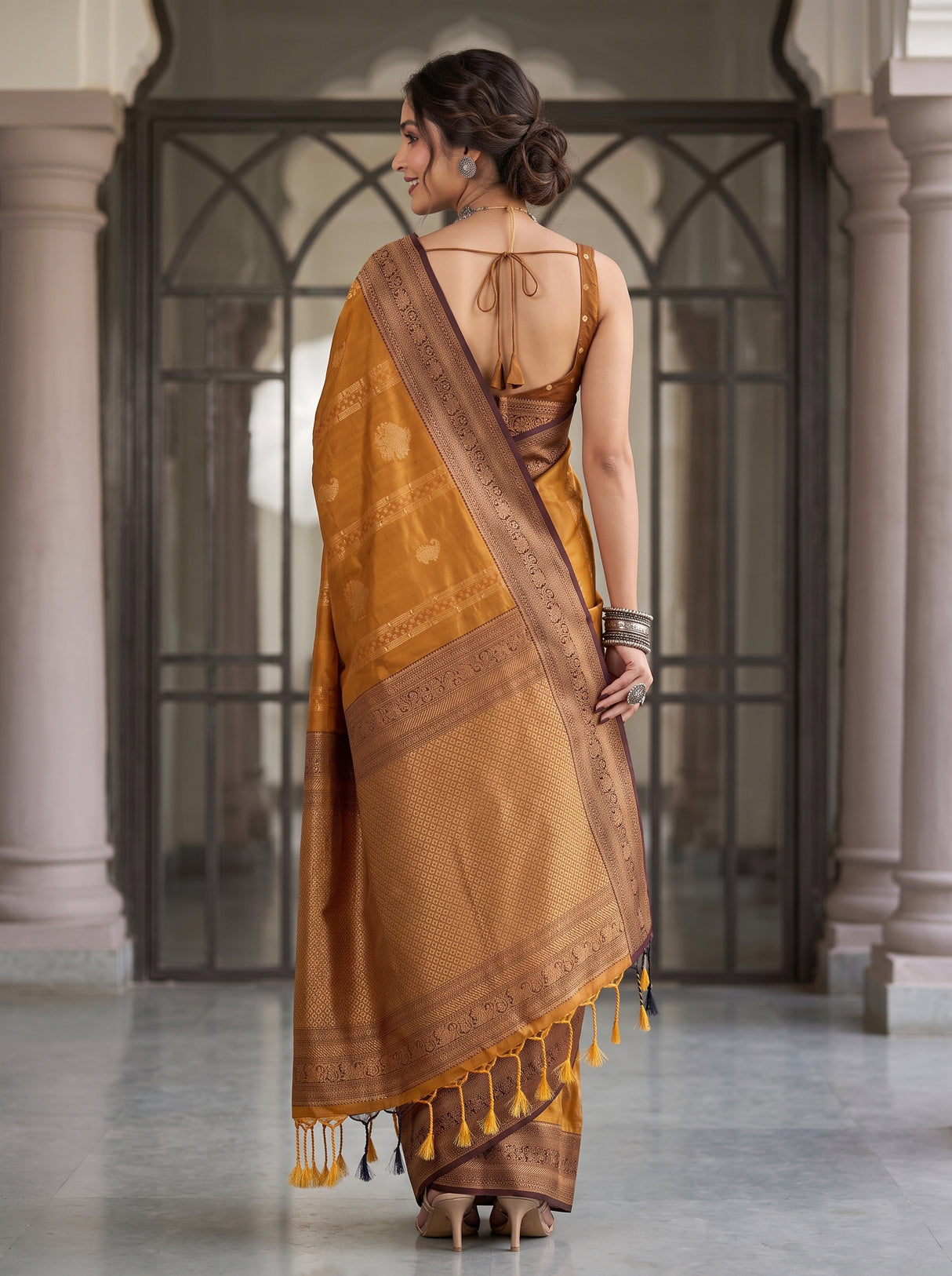 MIMOSA Mustard Kanjivaram Art Silk Saree — Close-up of Model's Face