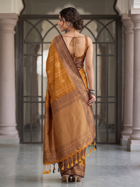 MIMOSA Mustard Kanjivaram Art Silk Saree — Close-up of Model's Face