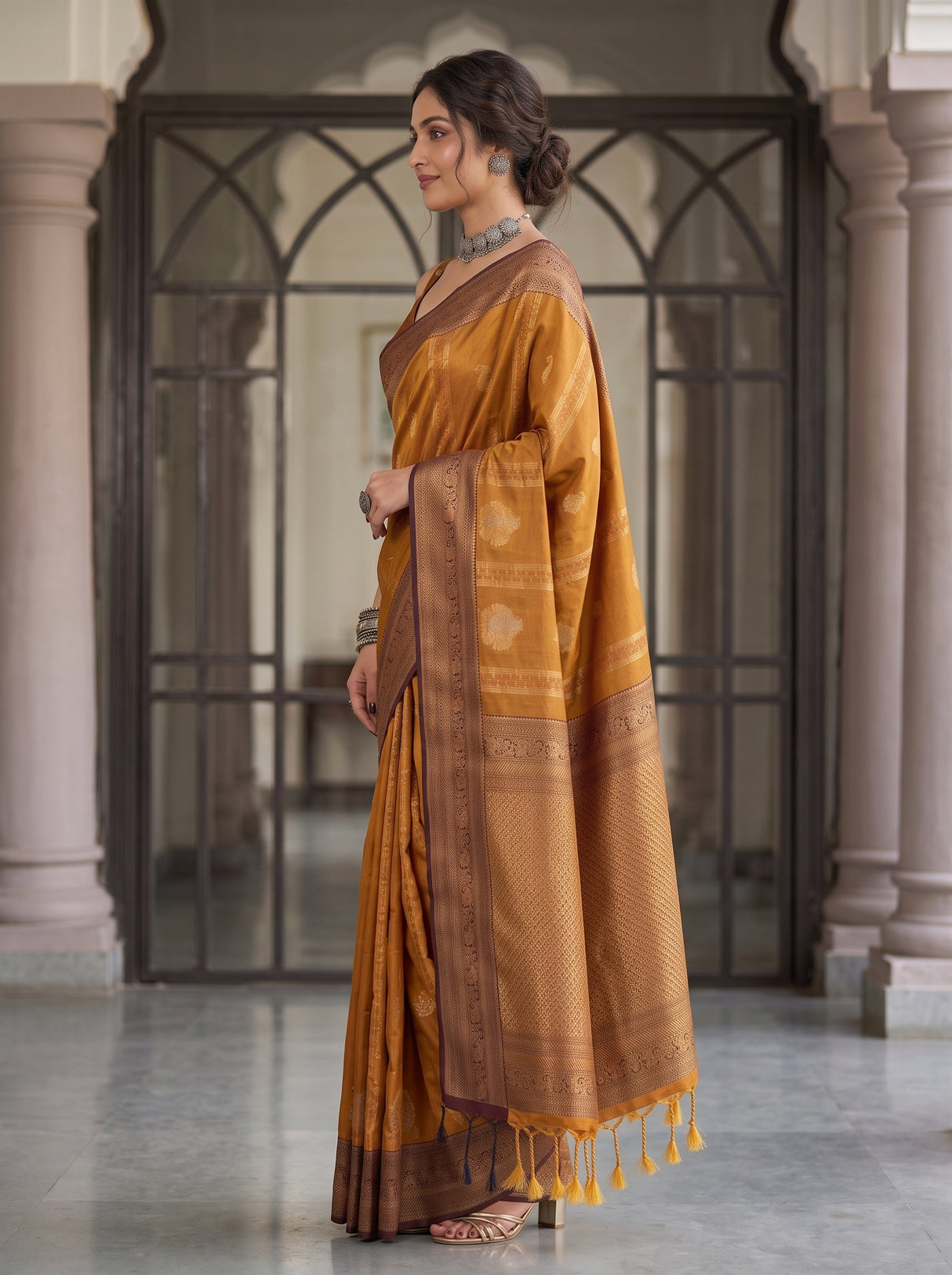 MIMOSA Mustard Kanjivaram Art Silk Saree — Close-up of Saree Body and Blouse
