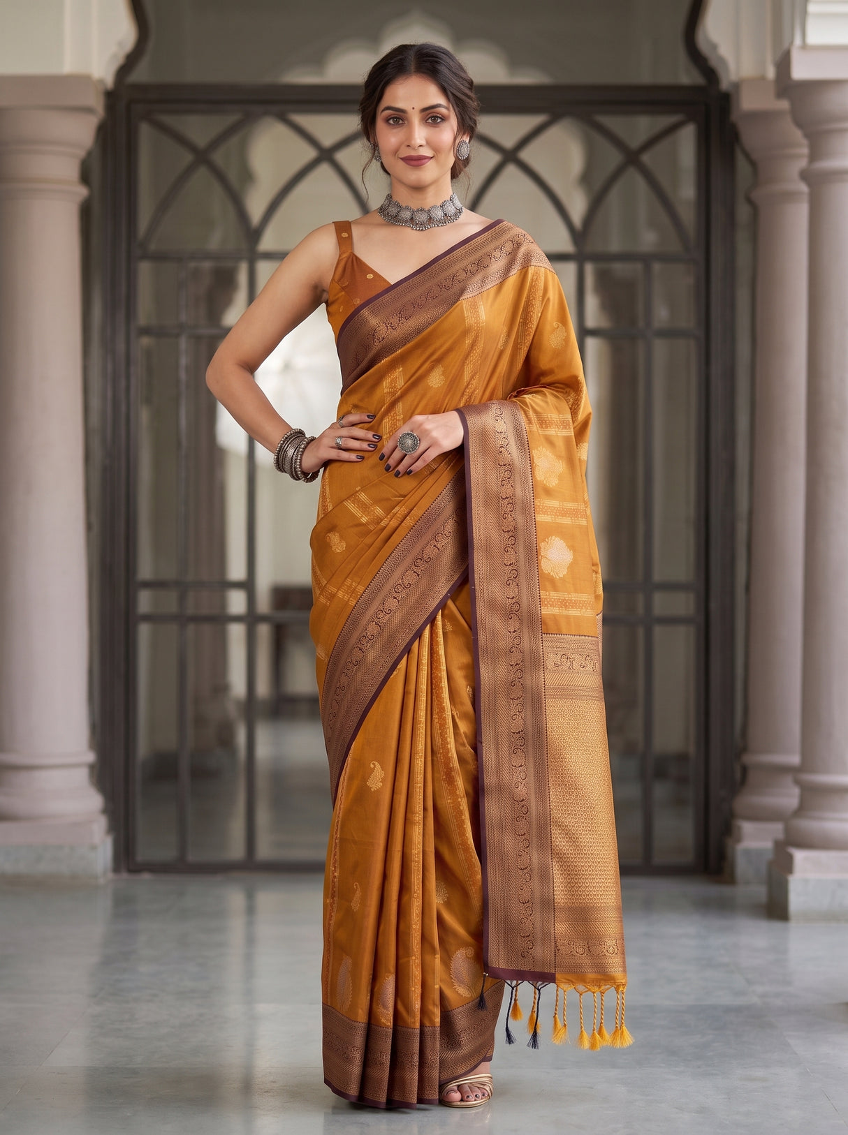 MIMOSA Mustard Kanjivaram Art Silk Saree — Close-up of Model's Arm and Bangles