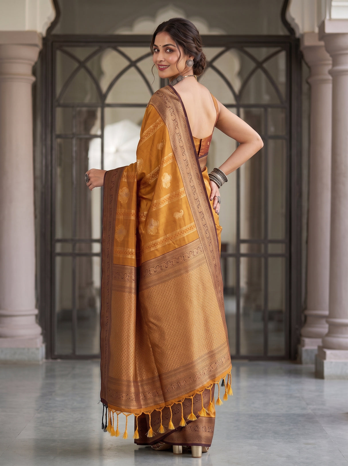 MIMOSA Mustard Kanjivaram Art Silk Saree — Close-up of Model's Hand and Ring