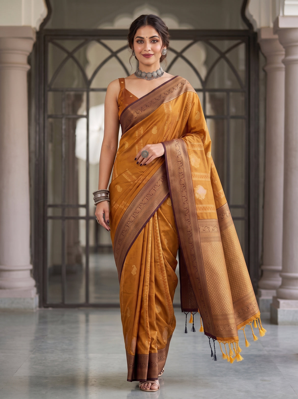 MIMOSA Mustard Kanjivaram Art Silk Saree — Saree Draped Detail