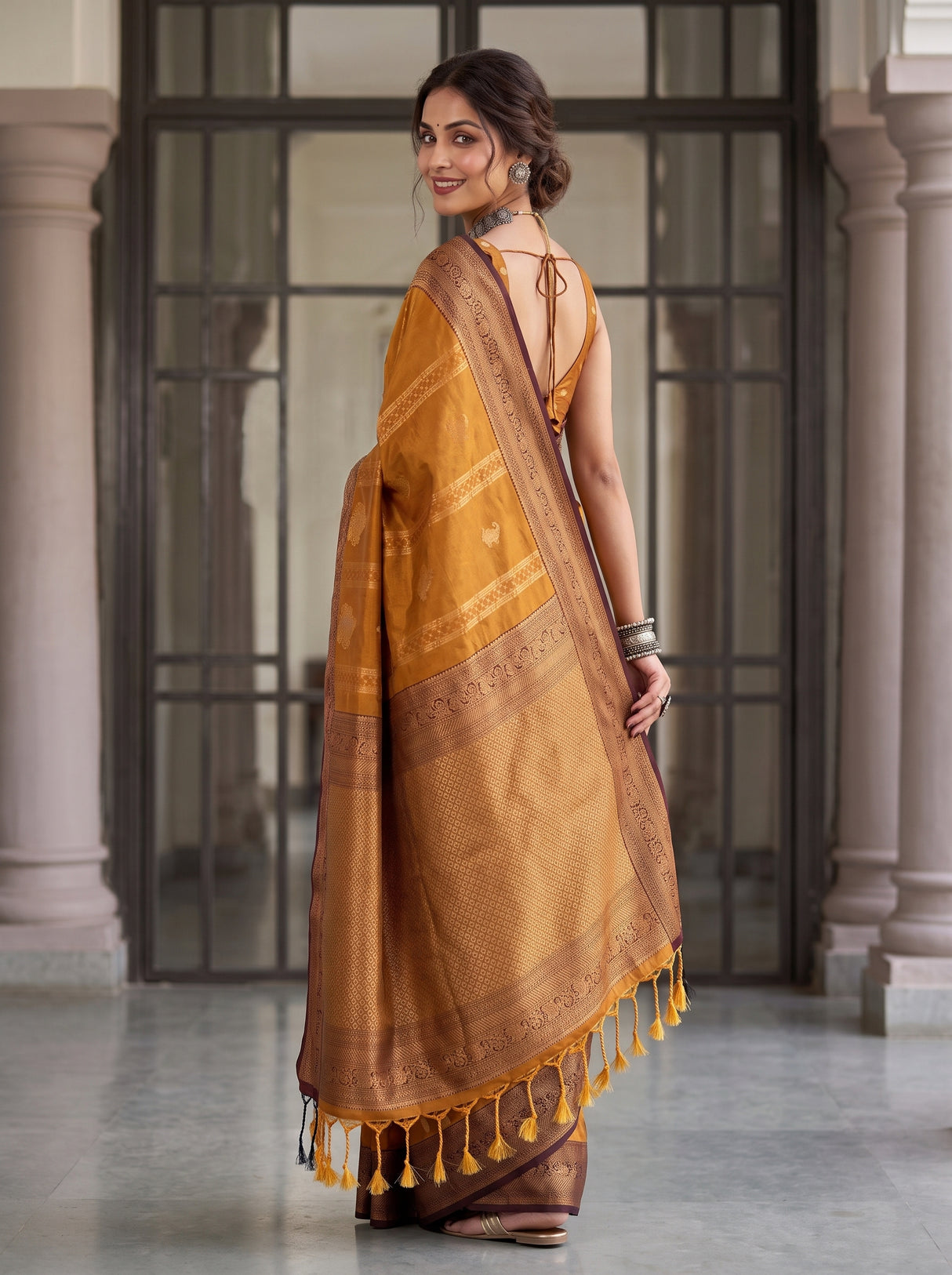 MIMOSA Mustard Kanjivaram Art Silk Saree — Close-up of Saree Pleats and Border