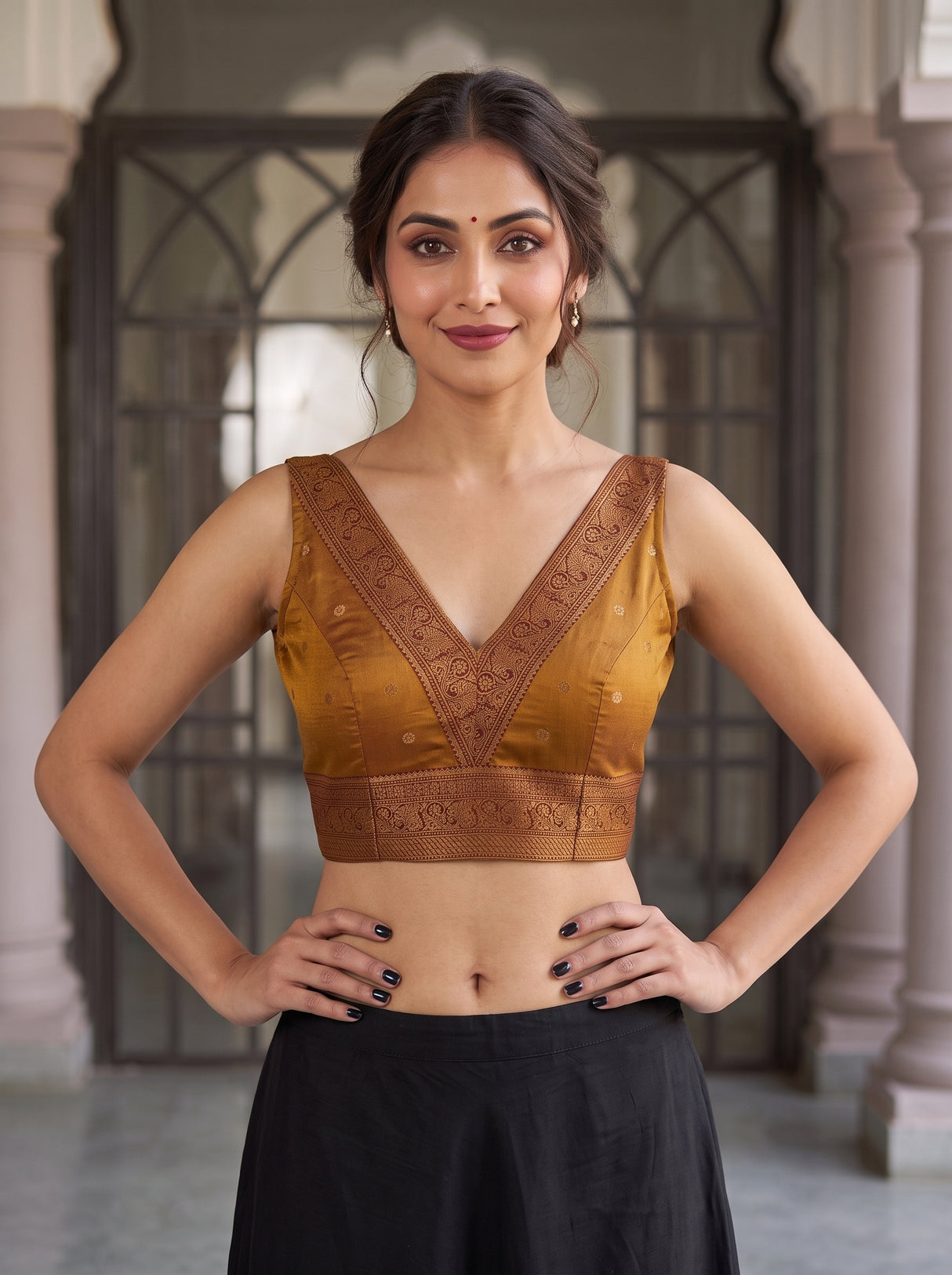 MIMOSA Mustard Kanjivaram Art Silk Saree — blouse close-up
