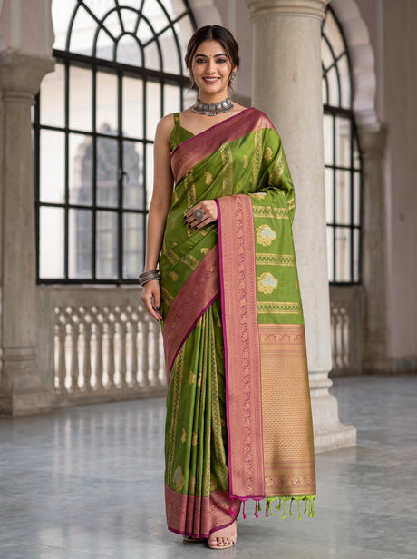 MIMOSA Olive Kanjivaram Art Silk Saree — Model Lifestyle Pose