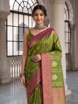 MIMOSA Olive Kanjivaram Art Silk Saree — Pallu and Tassels Detail