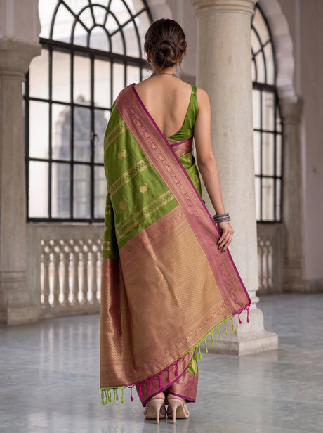 MIMOSA Olive Kanjivaram Art Silk Saree — Close-up of Model's Face