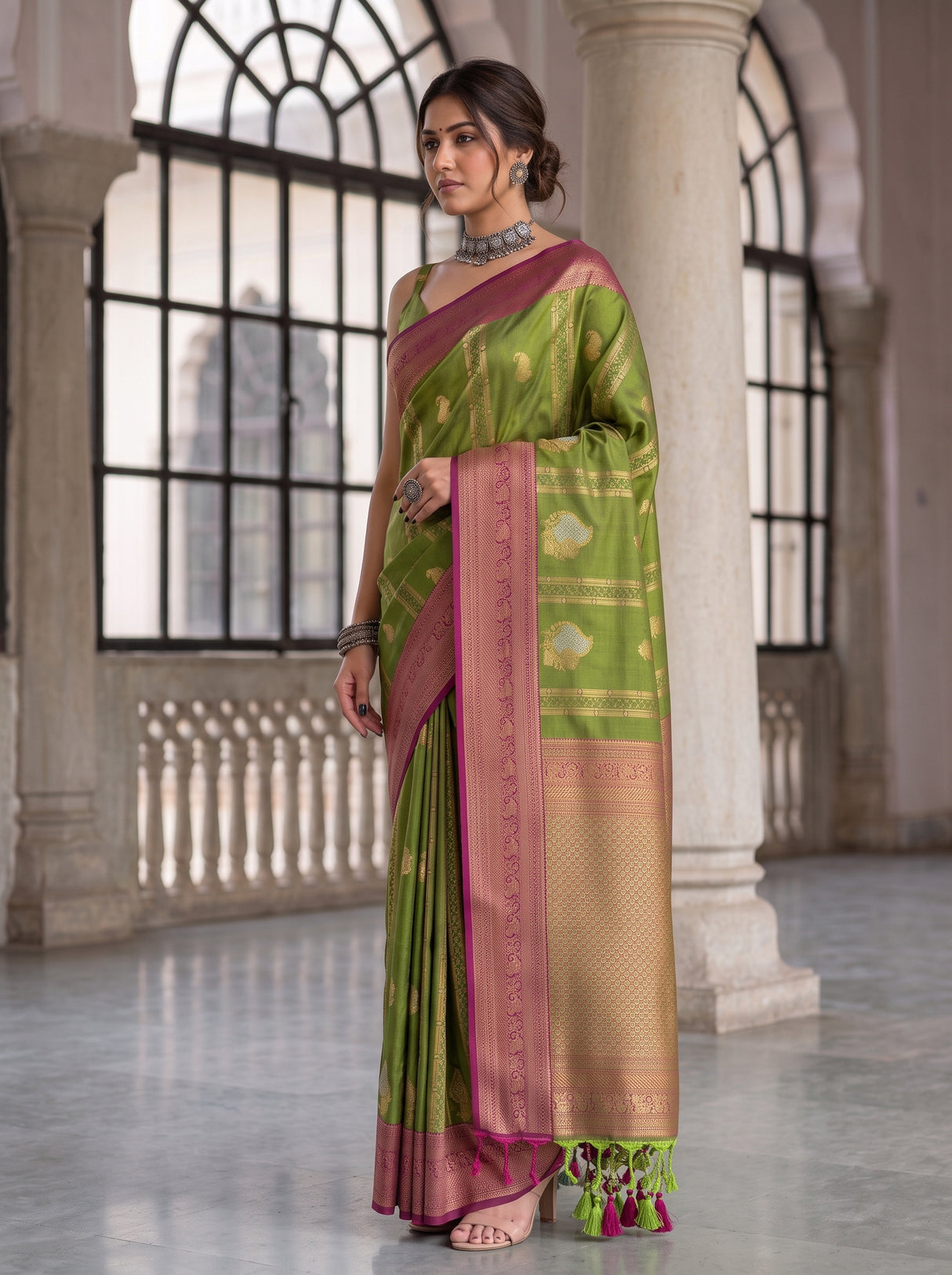 MIMOSA Olive Kanjivaram Art Silk Saree — Close-up of Saree Body and Blouse