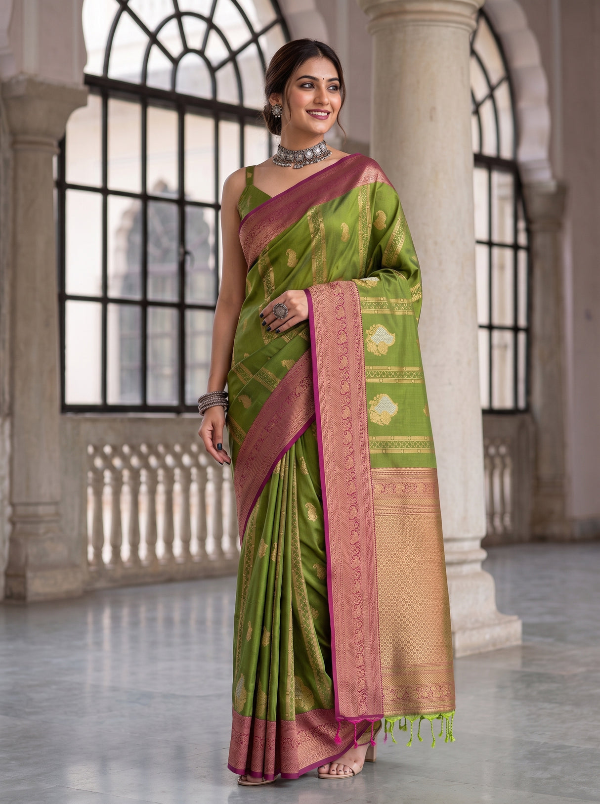 MIMOSA Olive Kanjivaram Art Silk Saree — Close-up of Model's Hand and Ring