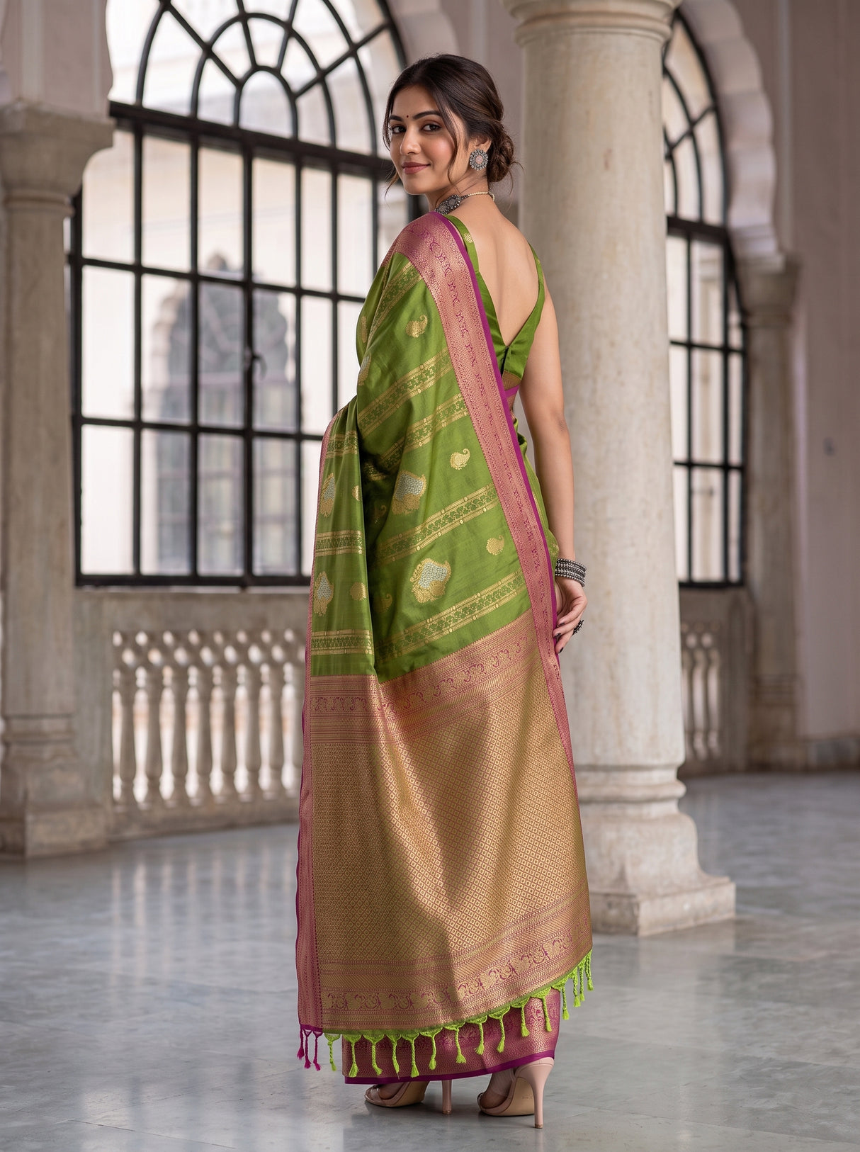 MIMOSA Olive Kanjivaram Art Silk Saree — Close-up of Saree Pleats and Border