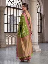 MIMOSA Olive Kanjivaram Art Silk Saree — Close-up of Saree Pleats and Border