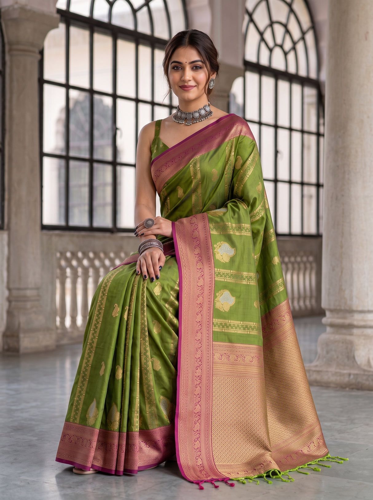MIMOSA Olive Kanjivaram Art Silk Saree — Full Saree Drape Detail