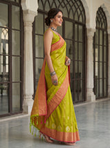 MIMOSA Parrot Green Kanjivaram Art Silk Saree — pose 3 styling detail
