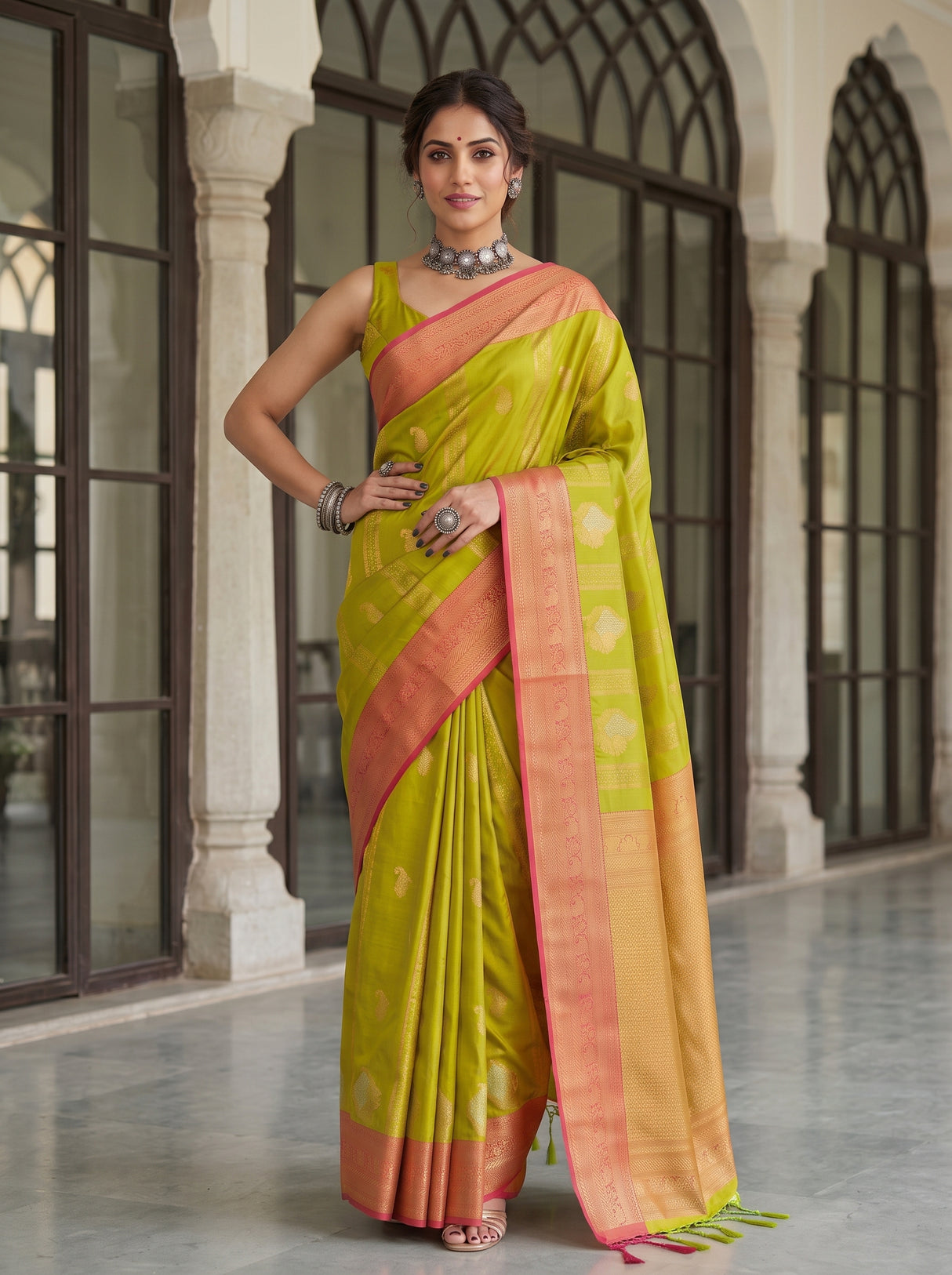 MIMOSA Parrot Green Kanjivaram Art Silk Saree — pose 4 styling detail