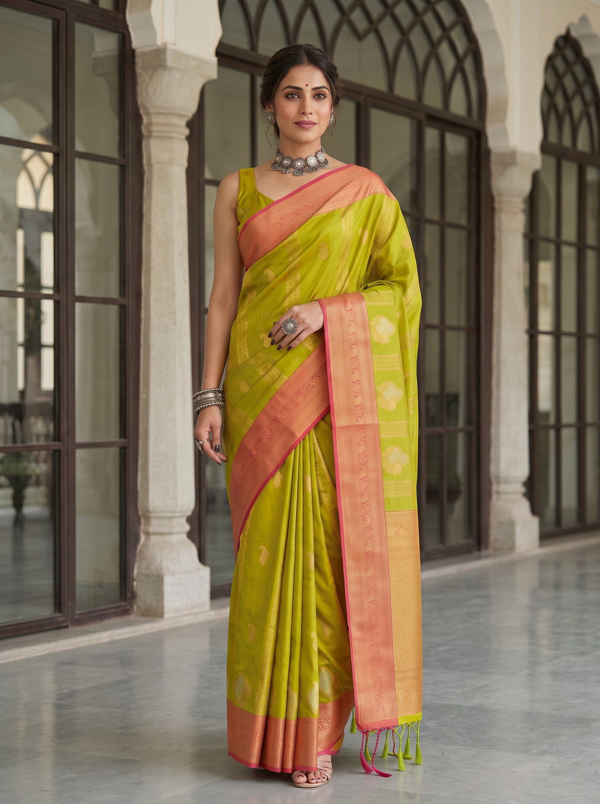 MIMOSA Parrot Green Kanjivaram Art Silk Saree — pose 5 styling detail