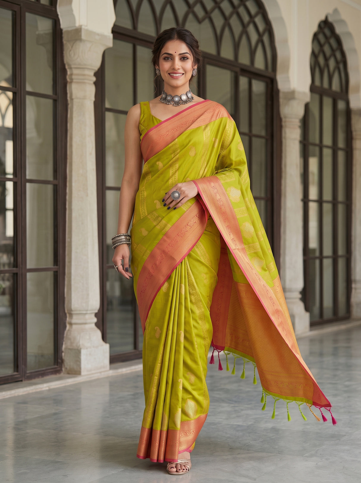 MIMOSA Parrot Green Kanjivaram Art Silk Saree — pose 6 styling detail