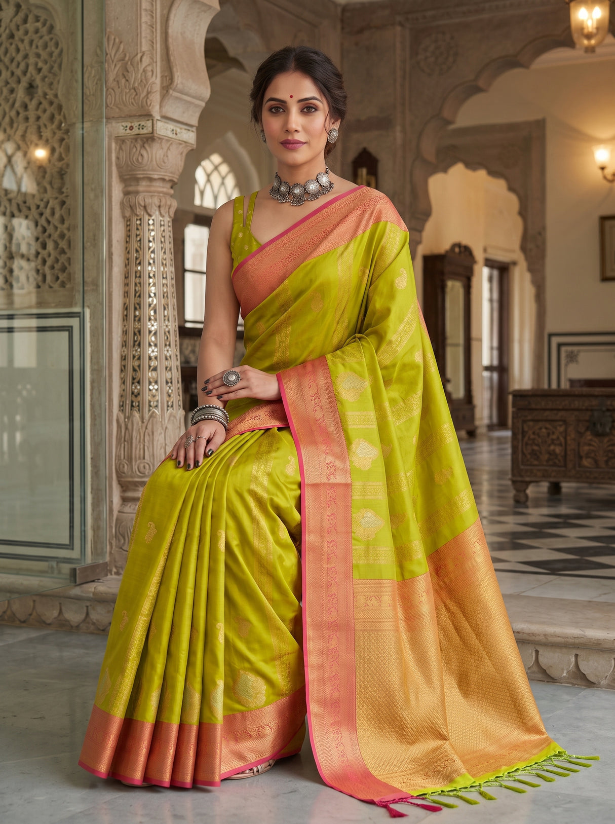 MIMOSA Parrot Green Kanjivaram Art Silk Saree — pose 8 styling detail