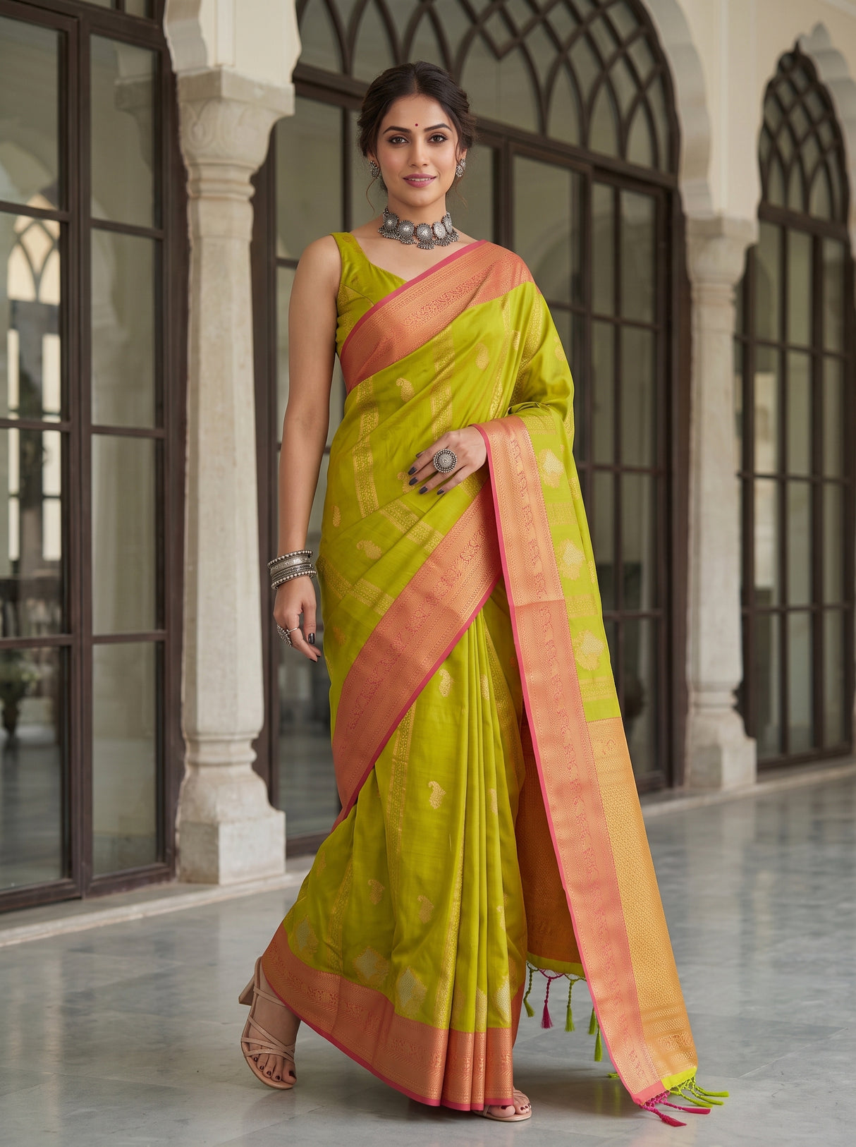 MIMOSA Parrot Green Kanjivaram Art Silk Saree — pose 9 styling detail