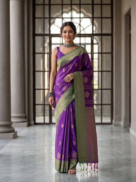 MIMOSA Purple Kanjivaram Art Silk Saree — Model Lifestyle Pose
