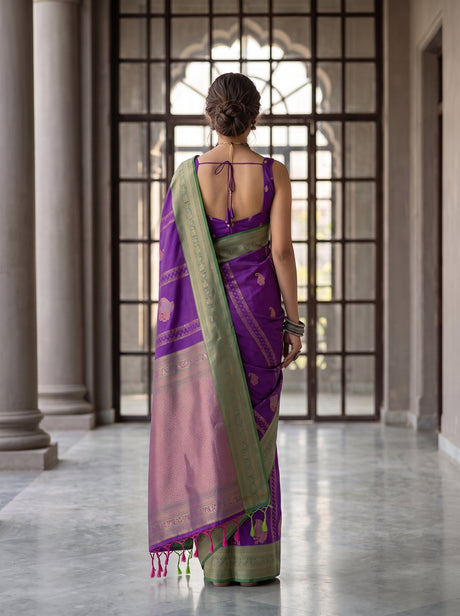 MIMOSA Purple Kanjivaram Art Silk Saree — Close-up of Model's Face