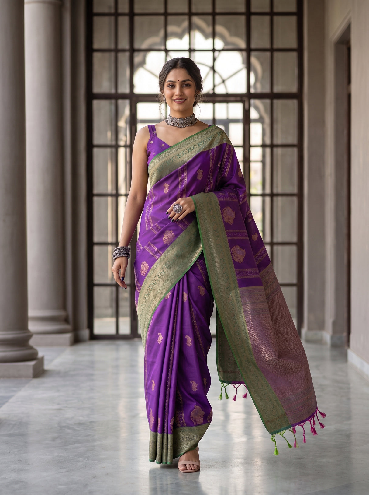 MIMOSA Purple Kanjivaram Art Silk Saree — Saree Draped Detail