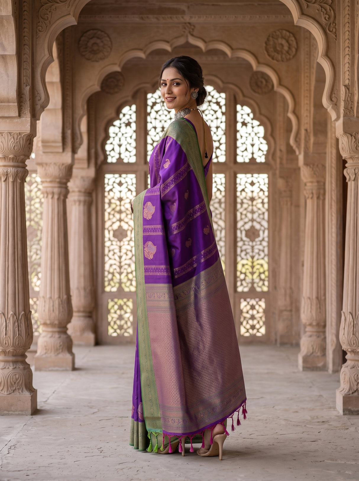MIMOSA Purple Kanjivaram Art Silk Saree — Close-up of Saree Pleats and Border