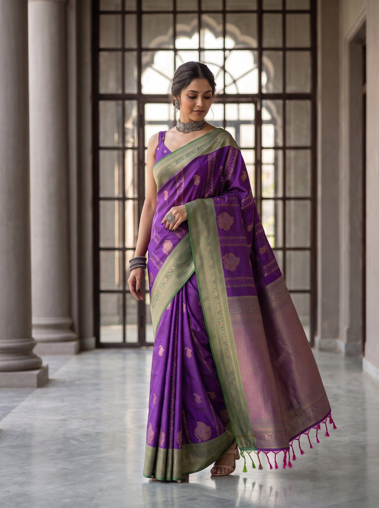 MIMOSA Purple Kanjivaram Art Silk Saree — Pallu and Tassels Detail