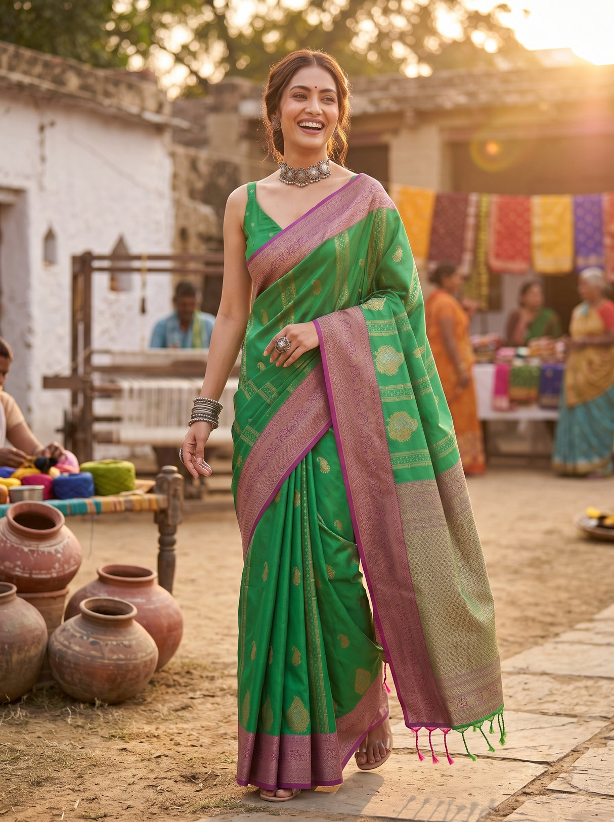 MIMOSA Rama Kanjivaram Art Silk Saree — Pallu and Tassels Detail