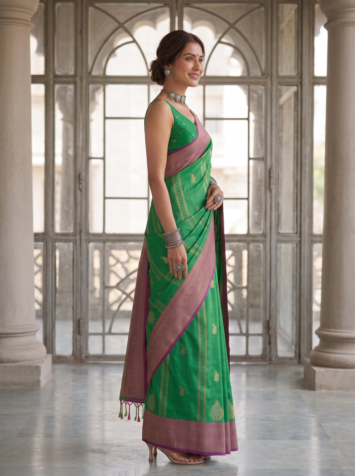 MIMOSA Rama Kanjivaram Art Silk Saree — Close-up of Saree Body and Blouse