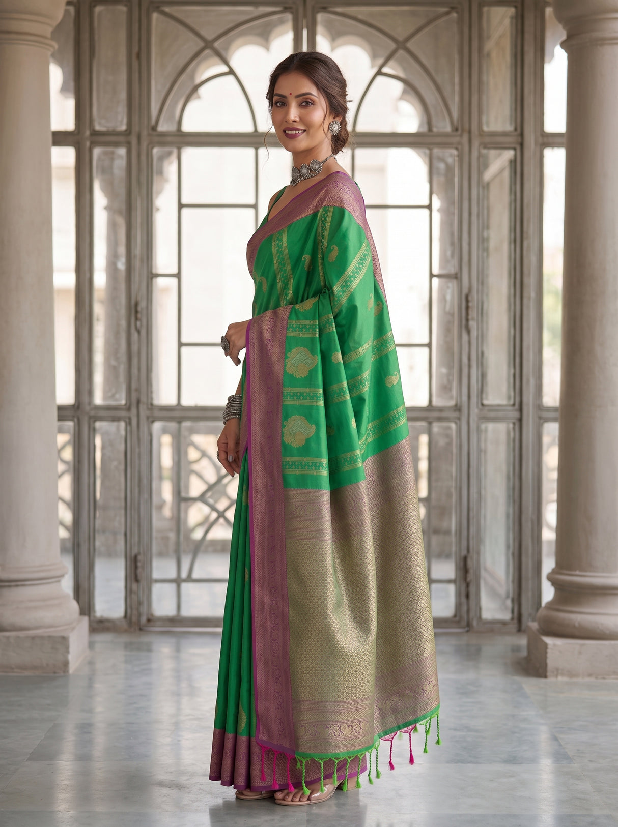 MIMOSA Rama Kanjivaram Art Silk Saree — Close-up of Model's Hand and Ring