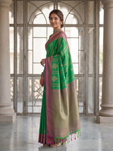 MIMOSA Rama Kanjivaram Art Silk Saree — Close-up of Model's Hand and Ring
