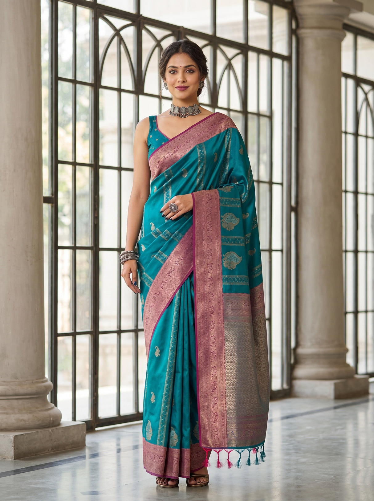 MIMOSA Sapphire Kanjivaram Art Silk Saree — Model Lifestyle Pose