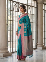 MIMOSA Sapphire Kanjivaram Art Silk Saree — Close-up of Saree Body and Blouse