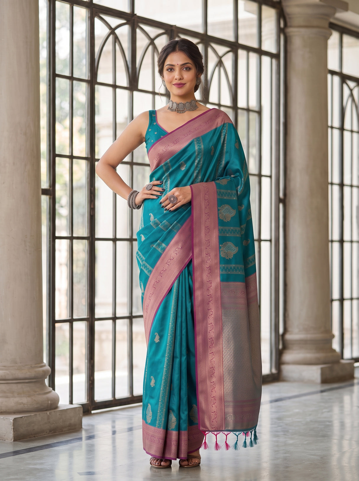MIMOSA Sapphire Kanjivaram Art Silk Saree — Close-up of Model's Arm and Bangles