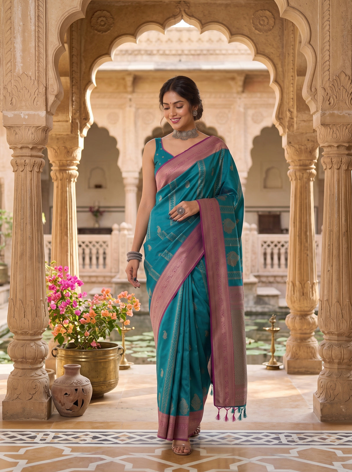 MIMOSA Sapphire Kanjivaram Art Silk Saree — Saree Draped Detail