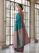 MIMOSA Sapphire Kanjivaram Art Silk Saree — Close-up of Saree Pleats and Border