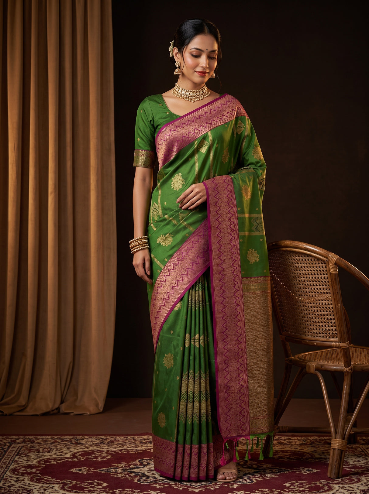 MIMOSA Green Saree Saree — front view on mannequin
