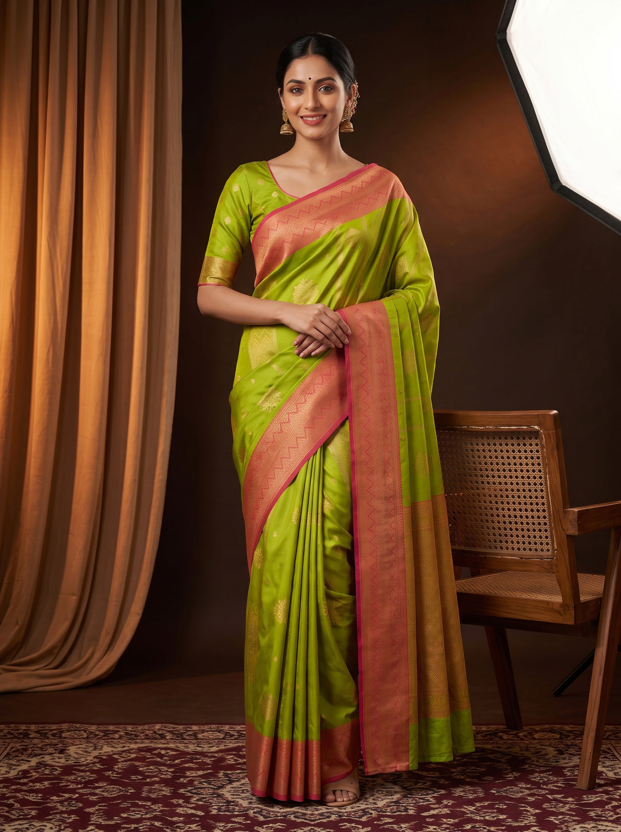 MIMOSA Parrot Green Saree Saree — front view on mannequin