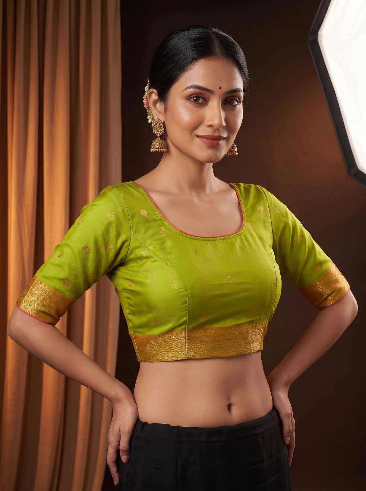 MIMOSA Parrot Green Saree Saree — blouse close-up