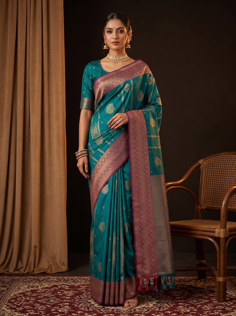 MIMOSA Sapphire Saree Saree — front view on mannequin