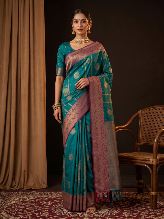 MIMOSA Sapphire Saree Saree — front view on mannequin