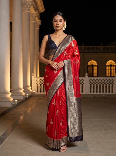MIMOSA Red Saree Saree — front view on mannequin