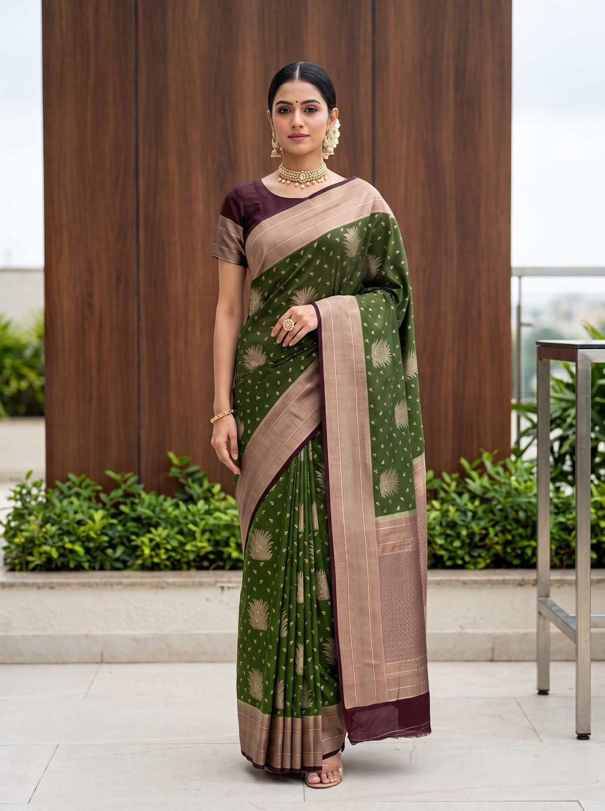 MIMOSA Olive Saree Saree — front view on mannequin