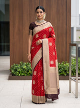 MIMOSA Red Saree Saree — front view on mannequin